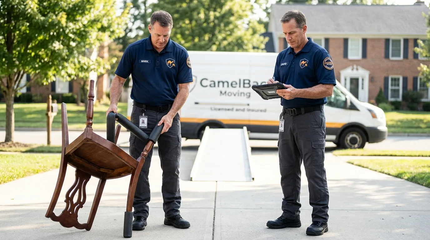 Movers inspecting furniture for damage prevention before loading in Shavertown, PA
